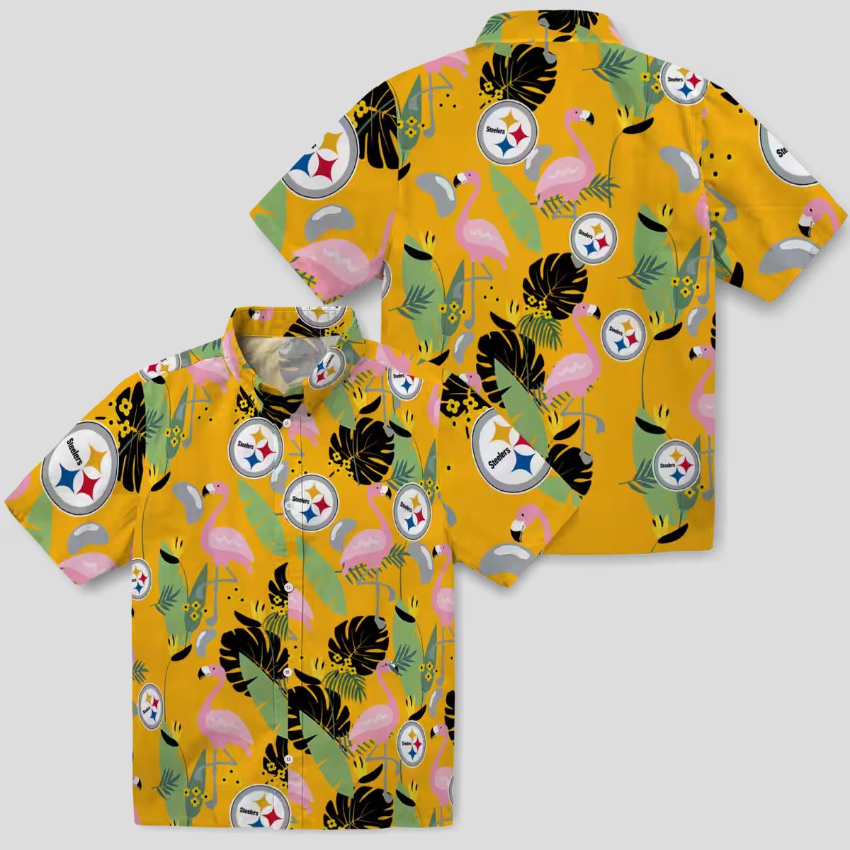 Pittsburgh Steelers Hawaiian Beach Shirt - Gold Flamingo NFL Vacation Style