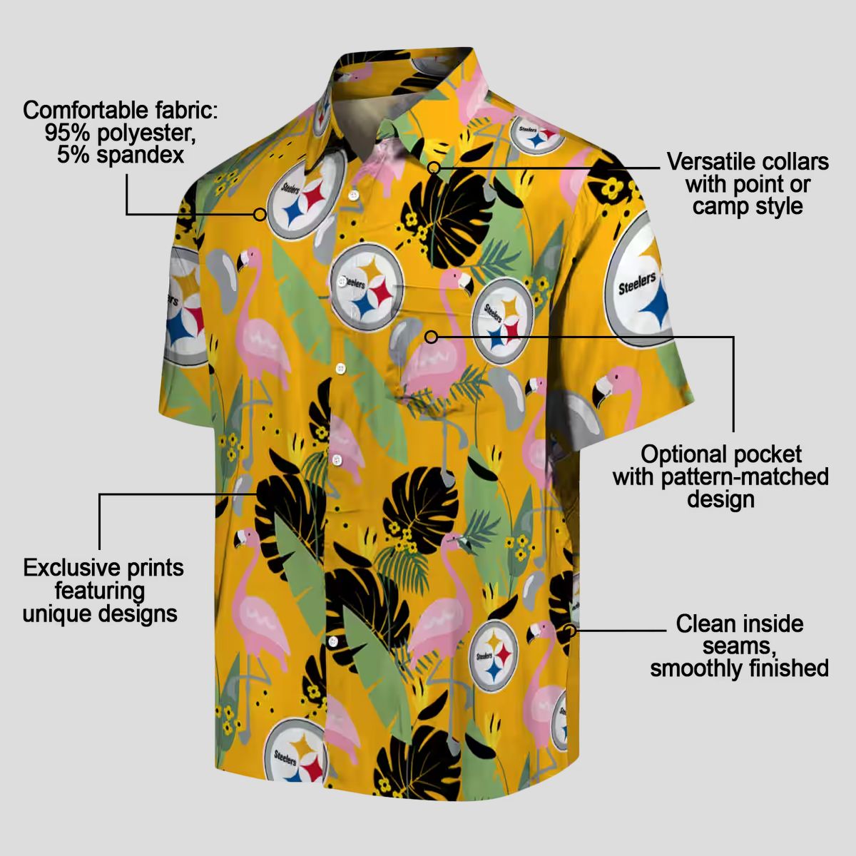Pittsburgh Steelers Hawaiian Beach Shirt - Gold Flamingo NFL Vacation Style