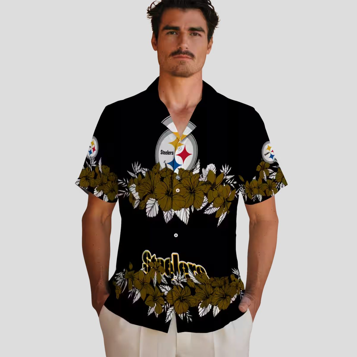 Pittsburgh Steelers Hibiscus Stripe Hawaiian Shirt - Gold & Black Aloha Outfit