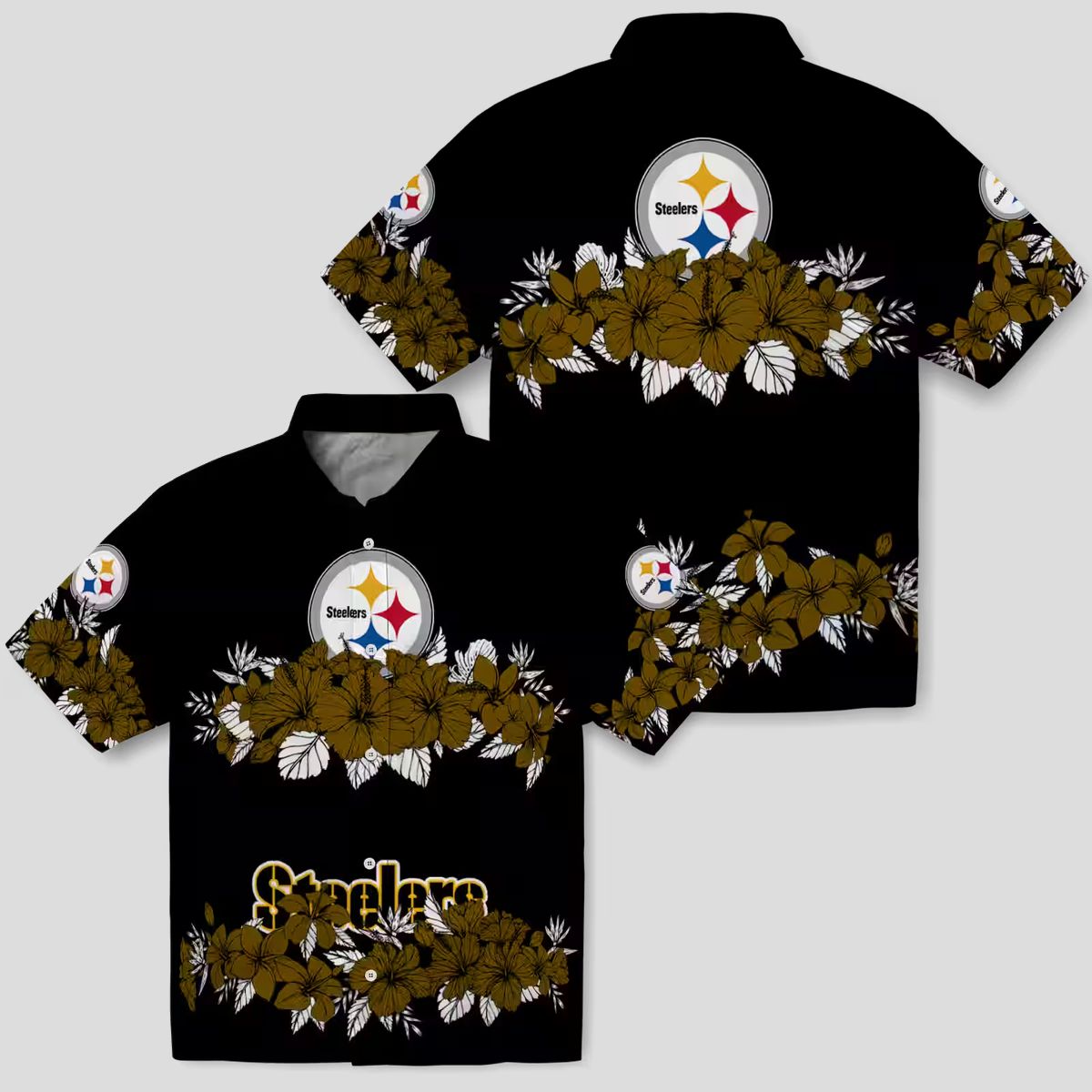 Pittsburgh Steelers Hibiscus Stripe Hawaiian Shirt - Gold & Black Aloha Outfit