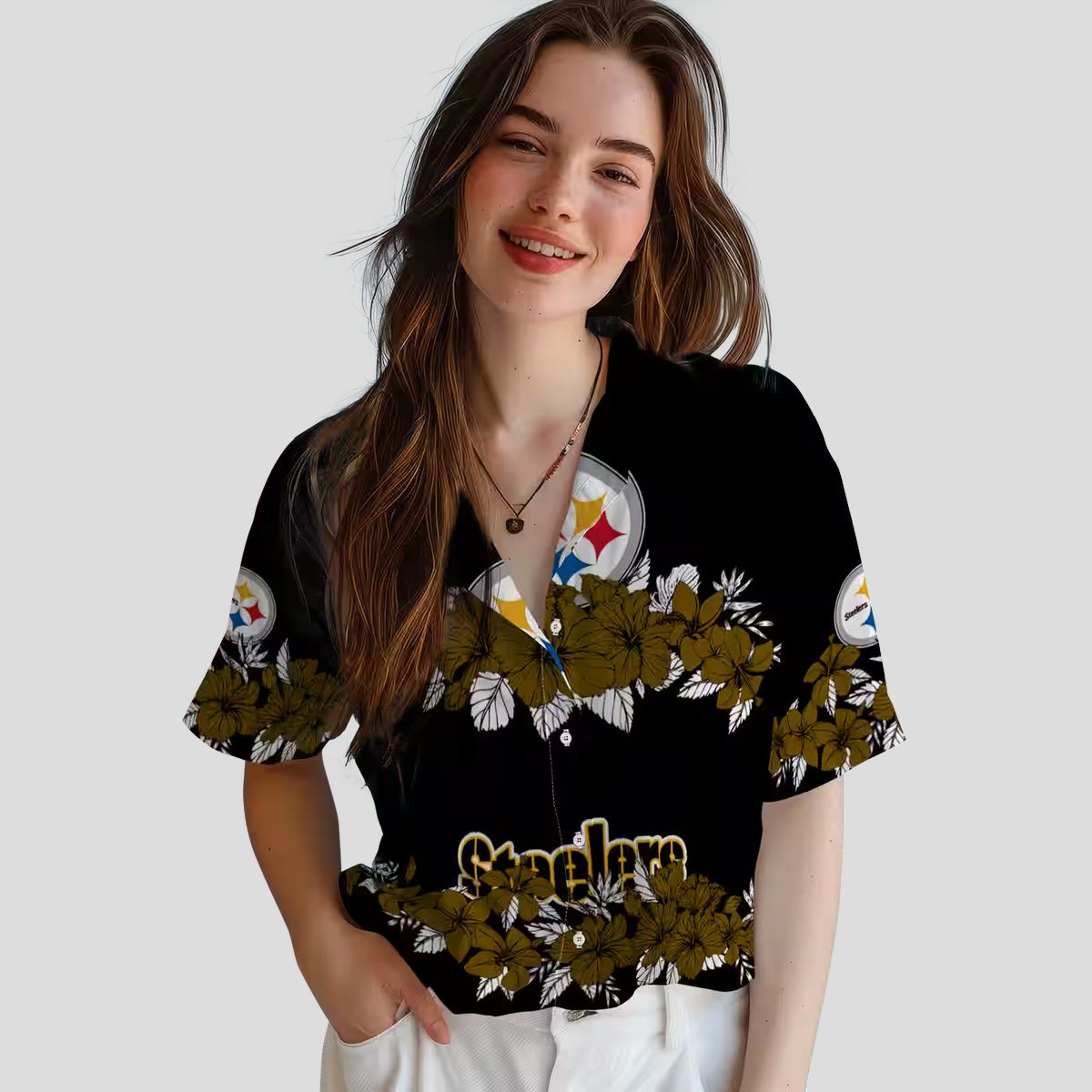 Pittsburgh Steelers Hibiscus Stripe Hawaiian Shirt - Gold & Black Aloha Outfit