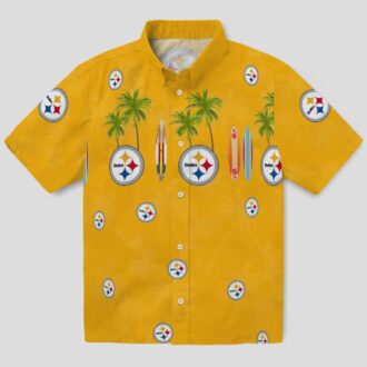 Pittsburgh Steelers Palm Gold Hawaiian Shirt - Tropical Surfboard Design for Game Day
