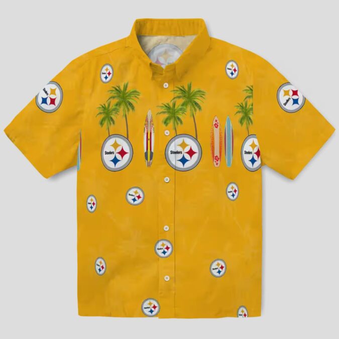 Pittsburgh Steelers Palm Gold Hawaiian Shirt - Tropical Surfboard Design for Game Day