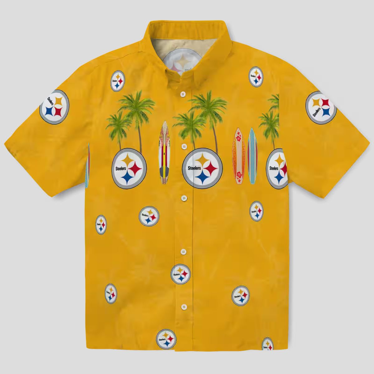 Pittsburgh Steelers Palm Gold Hawaiian Shirt - Tropical Surfboard Design for Game Day