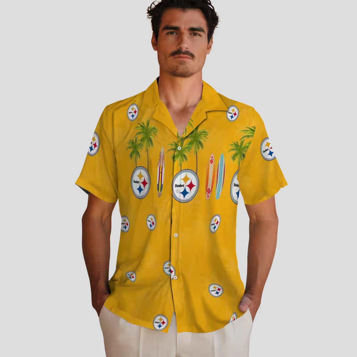 Pittsburgh Steelers Palm Gold Hawaiian Shirt - Tropical Surfboard Design for Game Day