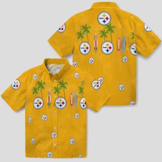 Pittsburgh Steelers Palm Gold Hawaiian Shirt - Tropical Surfboard Design for Game Day