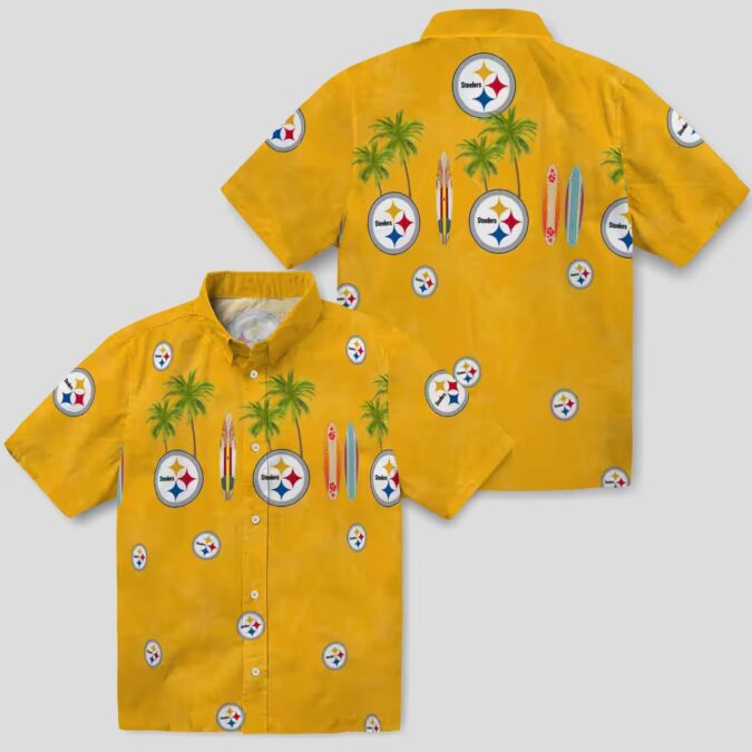 Pittsburgh Steelers Palm Gold Hawaiian Shirt - Tropical Surfboard Design for Game Day