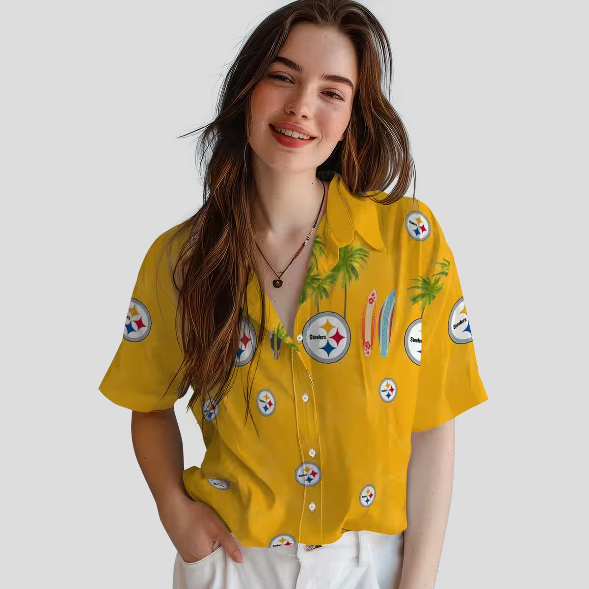 Pittsburgh Steelers Palm Gold Hawaiian Shirt - Tropical Surfboard Design for Game Day