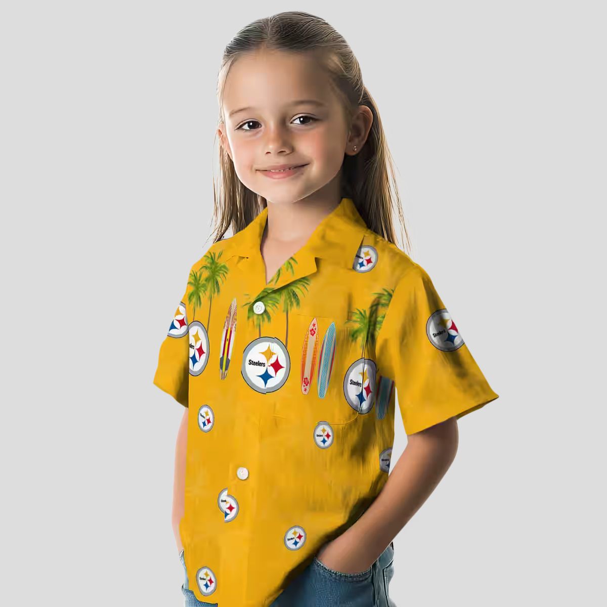 Pittsburgh Steelers Palm Gold Hawaiian Shirt - Tropical Surfboard Design for Game Day