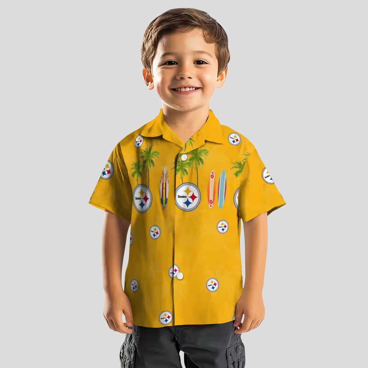 Pittsburgh Steelers Palm Gold Hawaiian Shirt - Tropical Surfboard Design for Game Day