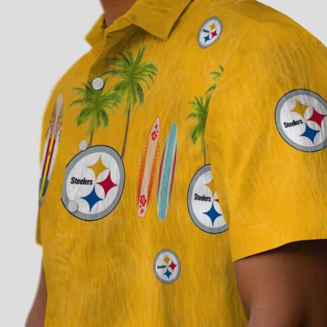 Pittsburgh Steelers Palm Gold Hawaiian Shirt - Tropical Surfboard Design for Game Day