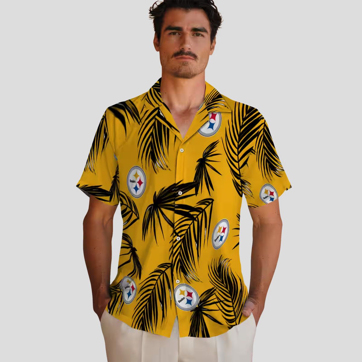 Pittsburgh Steelers Palm Leaf Hawaiian Shirt, NFL Gold Tropical Aloha Summer Shirt for Fans
