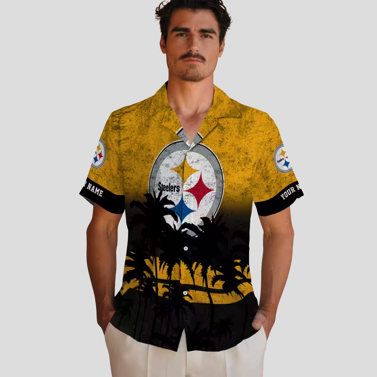 Pittsburgh Steelers Sunset Aloha Shirt, Floral Black & Gold Hawaiian Outfit