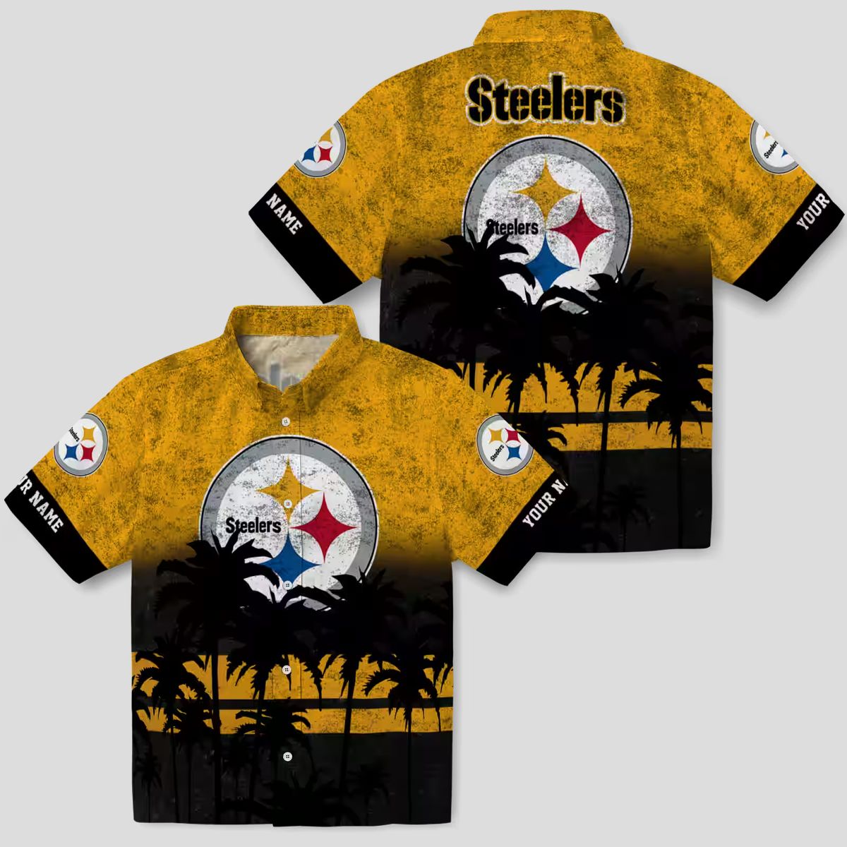 Pittsburgh Steelers Sunset Aloha Shirt, Floral Black & Gold Hawaiian Outfit