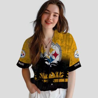 Pittsburgh Steelers Sunset Aloha Shirt, Floral Black & Gold Hawaiian Outfit