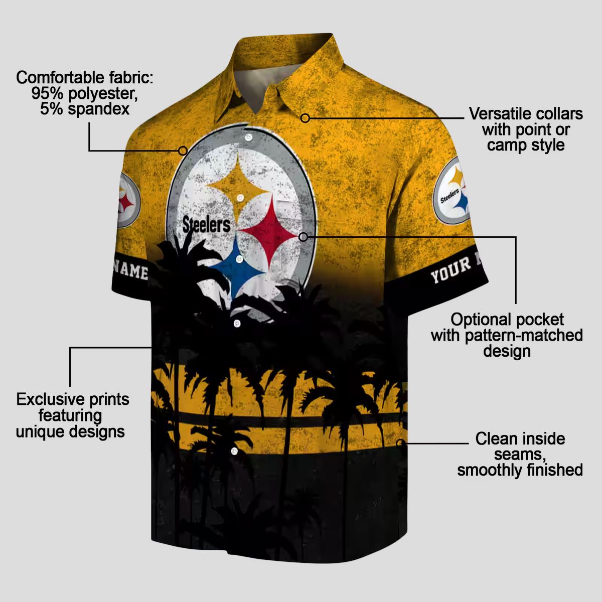 Pittsburgh Steelers Sunset Aloha Shirt, Floral Black & Gold Hawaiian Outfit