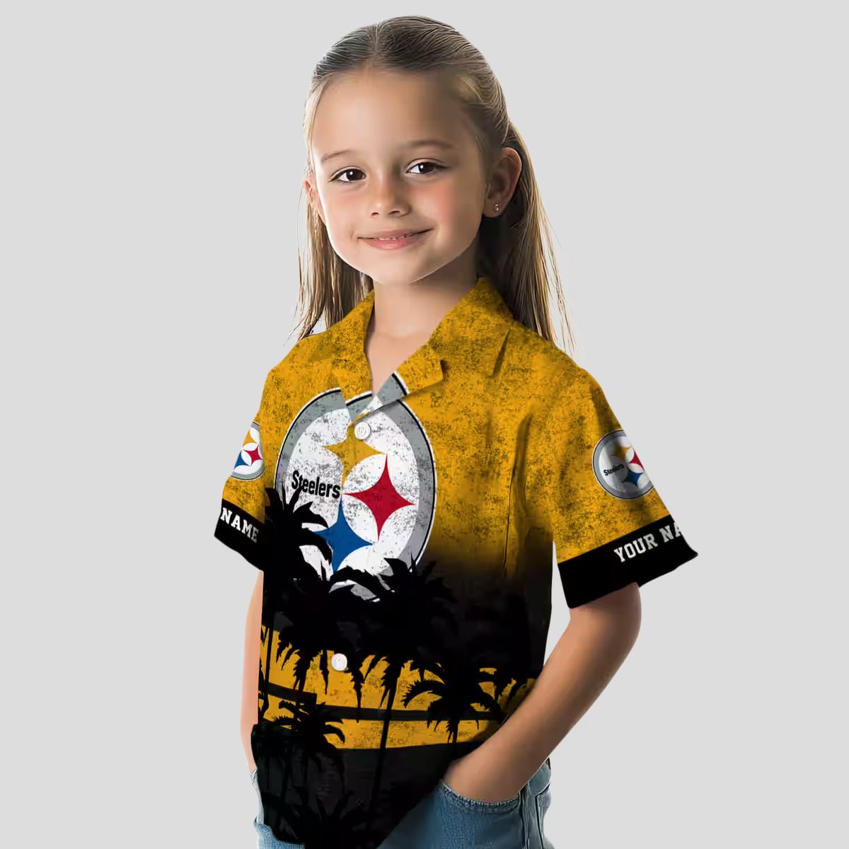 Pittsburgh Steelers Sunset Aloha Shirt, Floral Black & Gold Hawaiian Outfit