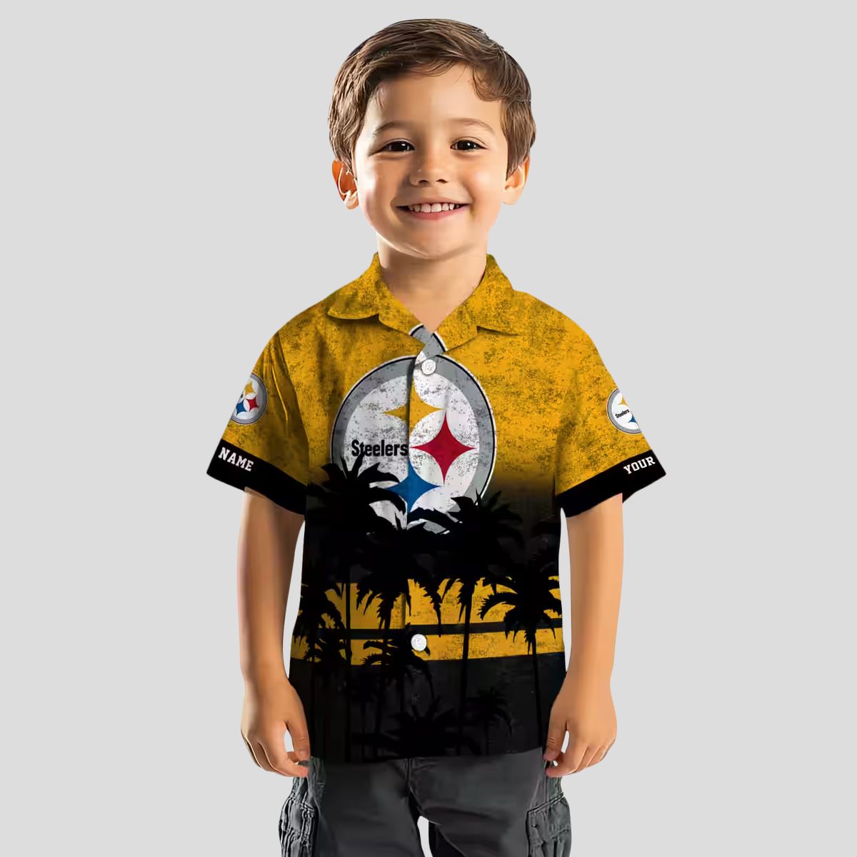 Pittsburgh Steelers Sunset Aloha Shirt, Floral Black & Gold Hawaiian Outfit