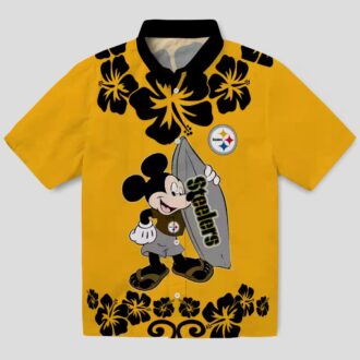 Pittsburgh Steelers Surfing Mickey Gold Hawaiian Shirt, Tropical Short Sleeve Shirt