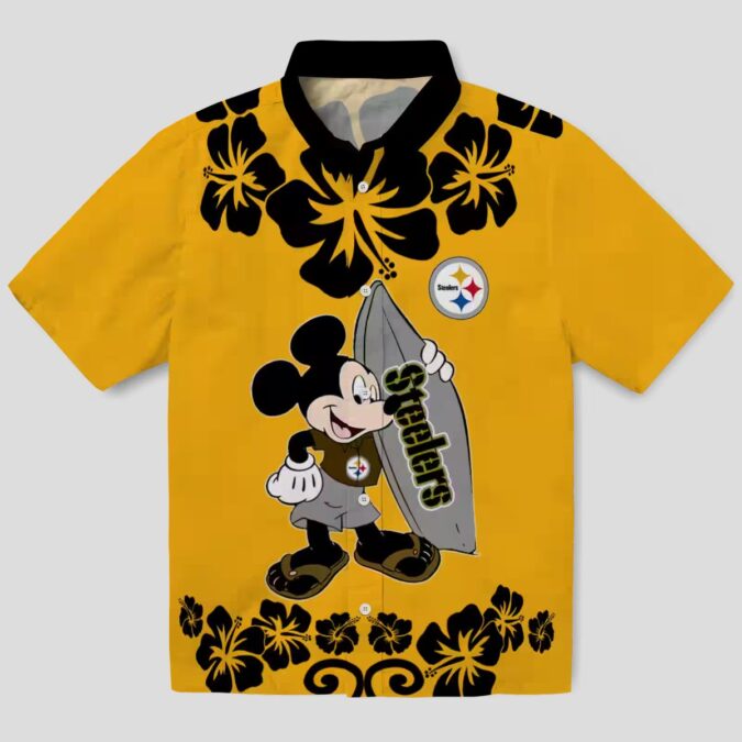 Pittsburgh Steelers Surfing Mickey Gold Hawaiian Shirt, Tropical Short Sleeve Shirt