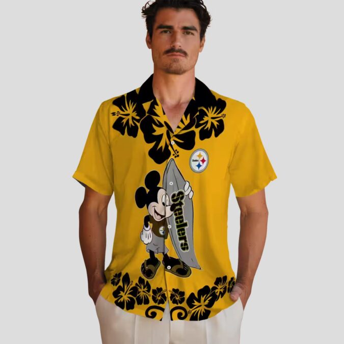 Pittsburgh Steelers Surfing Mickey Gold Hawaiian Shirt, Tropical Short Sleeve Shirt