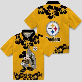 Pittsburgh Steelers Surfing Mickey Gold Hawaiian Shirt, Tropical Short Sleeve Shirt