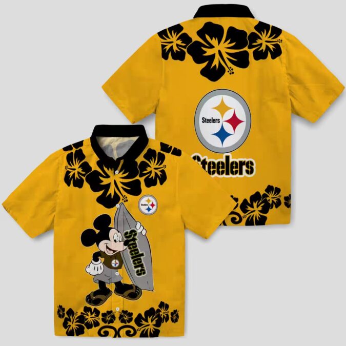 Pittsburgh Steelers Surfing Mickey Gold Hawaiian Shirt, Tropical Short Sleeve Shirt