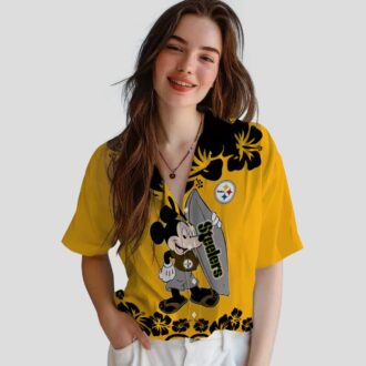Pittsburgh Steelers Surfing Mickey Gold Hawaiian Shirt, Tropical Short Sleeve Shirt
