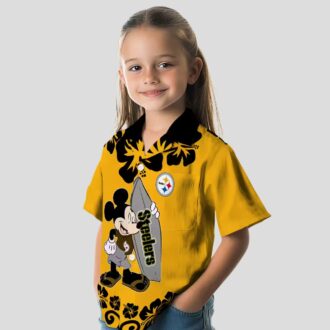Pittsburgh Steelers Surfing Mickey Gold Hawaiian Shirt, Tropical Short Sleeve Shirt