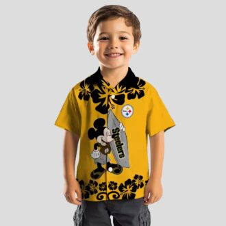 Pittsburgh Steelers Surfing Mickey Gold Hawaiian Shirt, Tropical Short Sleeve Shirt