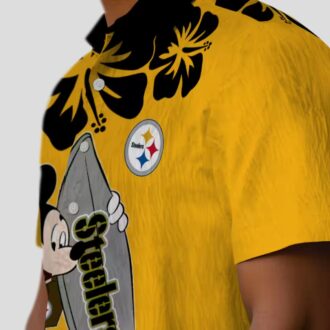 Pittsburgh Steelers Surfing Mickey Gold Hawaiian Shirt, Tropical Short Sleeve Shirt