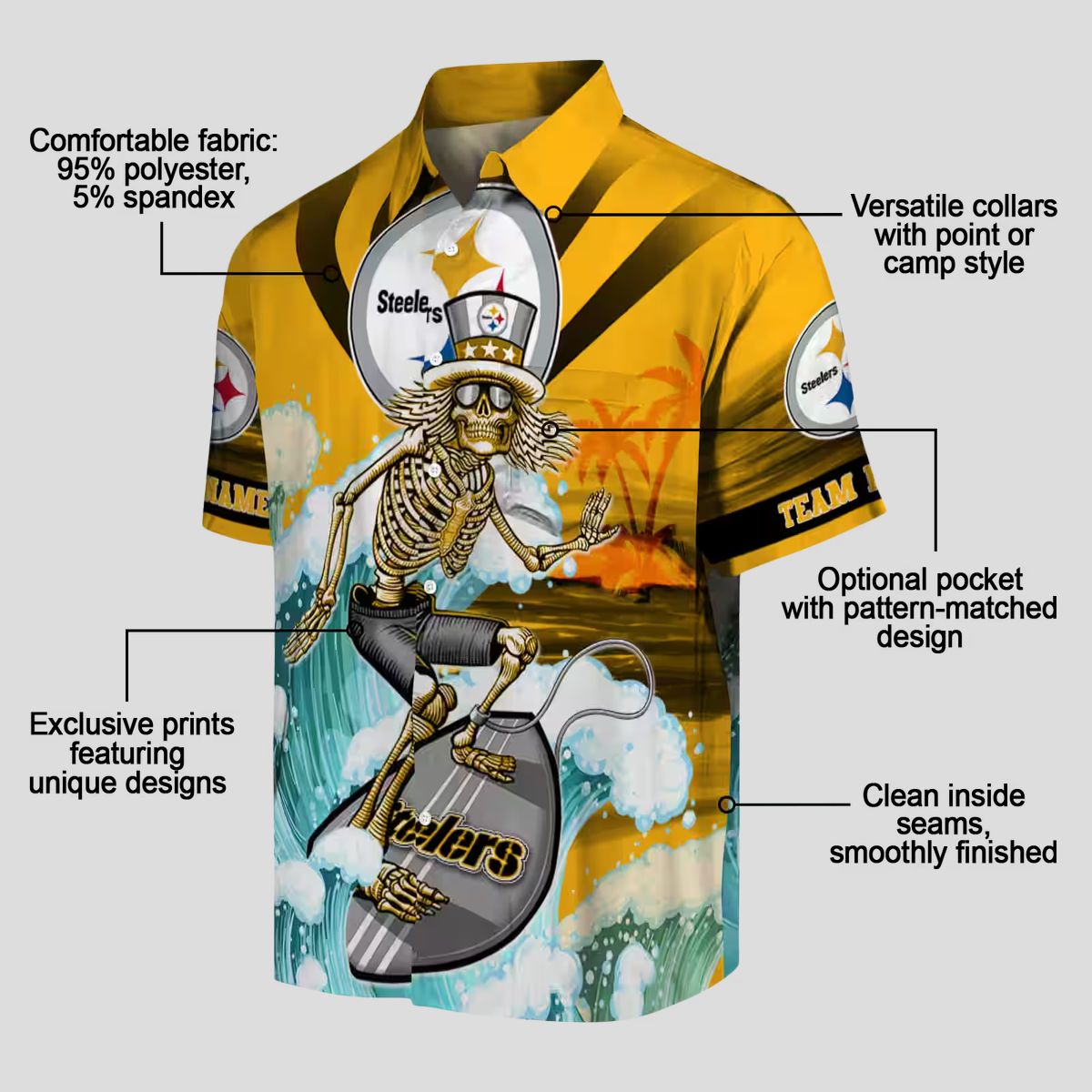 Pittsburgh Steelers Surfing Skeleton Hawaiian Shirt, Summer Beach & Game Day Wear