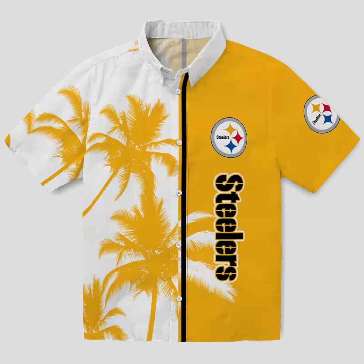 Pittsburgh Steelers Tropical Aloha Shirt, Gold & White Palm Tree Design for Men