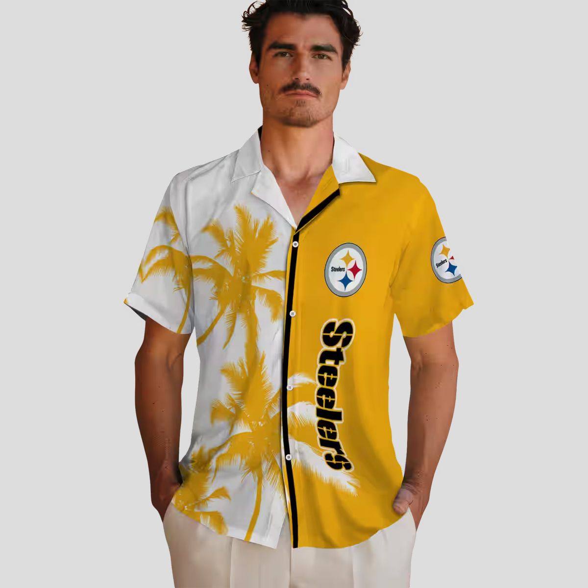 Pittsburgh Steelers Tropical Aloha Shirt, Gold & White Palm Tree Design for Men
