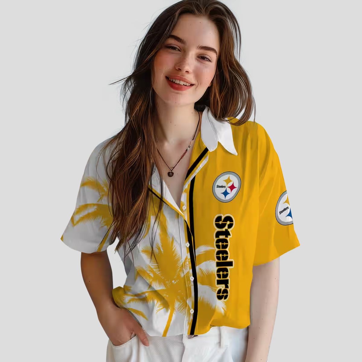 Pittsburgh Steelers Tropical Aloha Shirt, Gold & White Palm Tree Design for Men