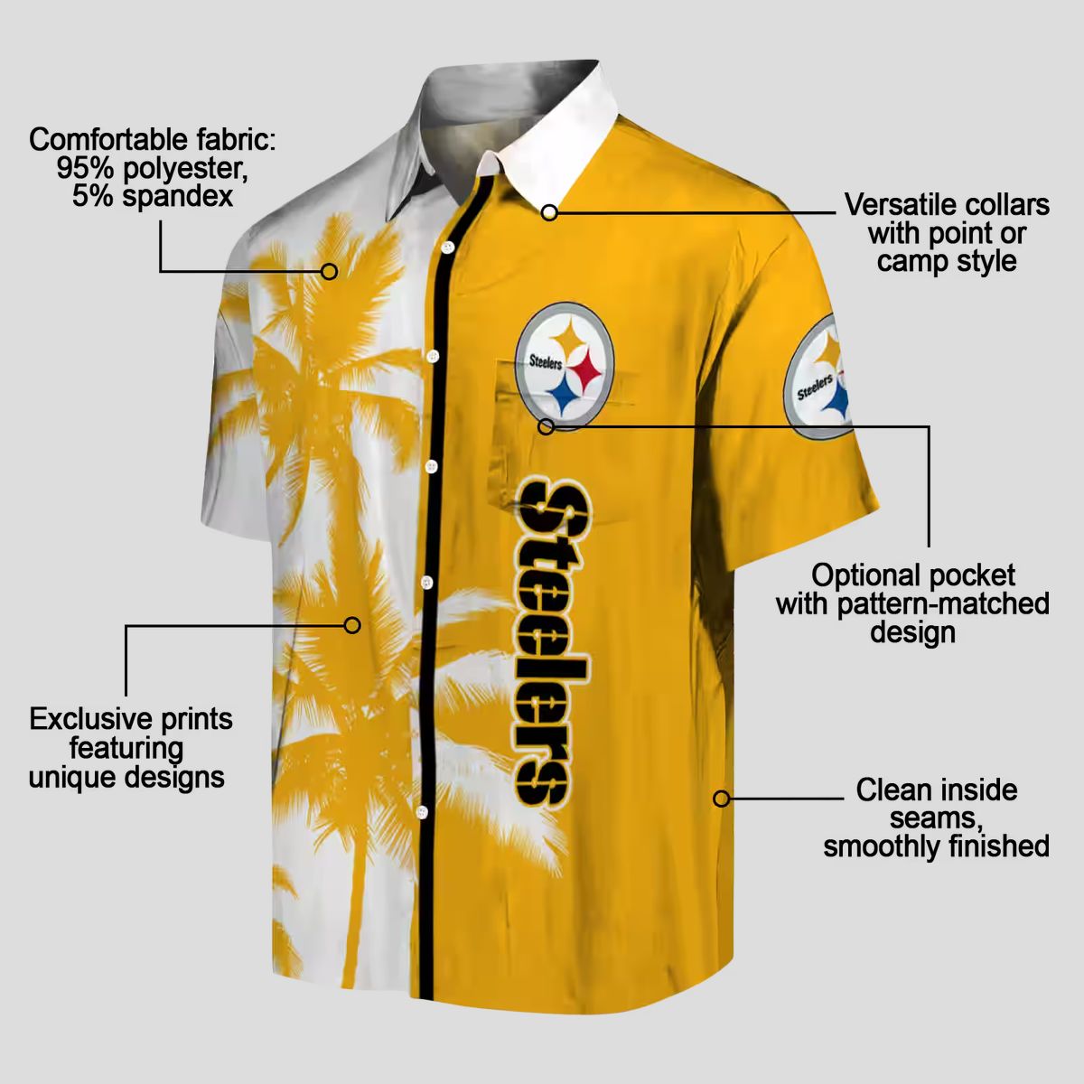 Pittsburgh Steelers Tropical Aloha Shirt, Gold & White Palm Tree Design for Men