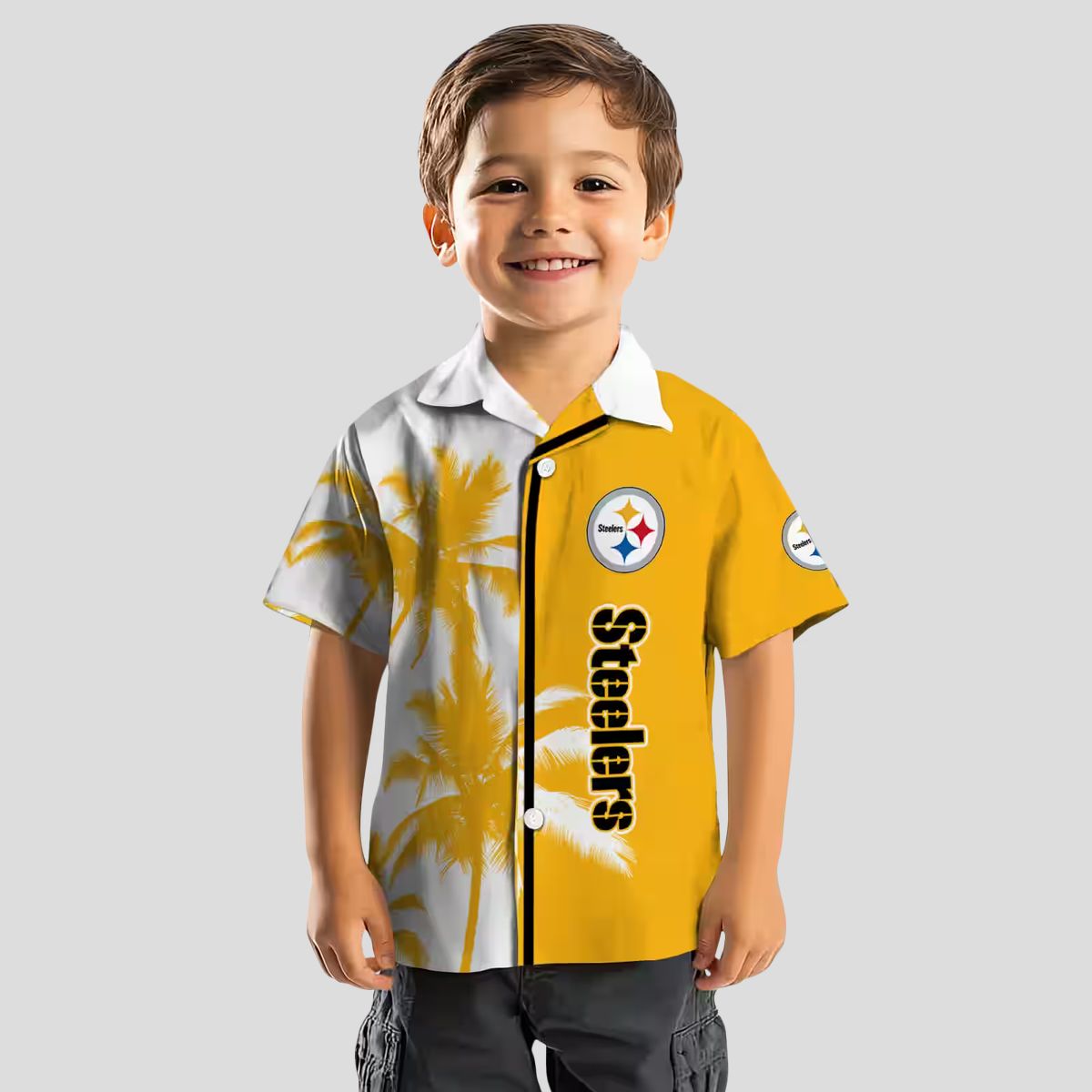 Pittsburgh Steelers Tropical Aloha Shirt, Gold & White Palm Tree Design for Men