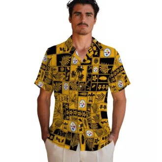 Pittsburgh Steelers Tropical Hawaiian Shirt - Gold & Black Patchwork Design for NFL Fans