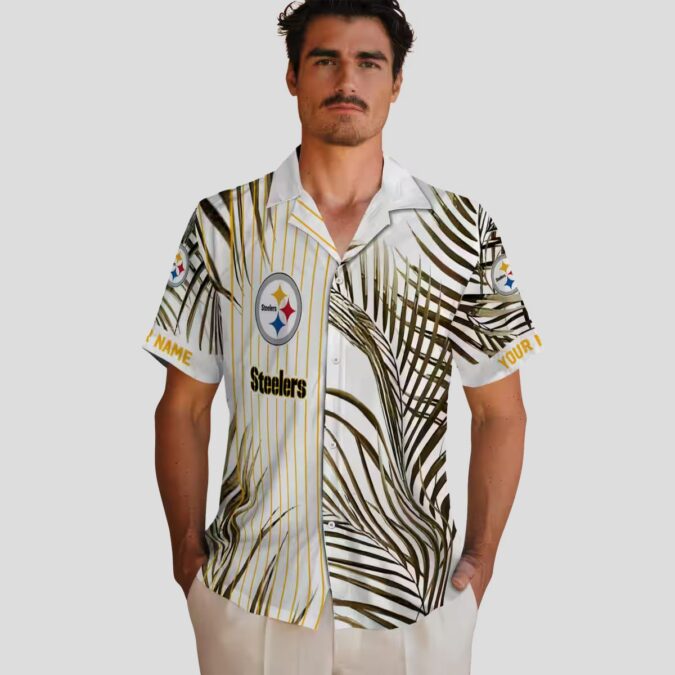 Pittsburgh Steelers Tropical Palm Stripes Shirt, NFL Black & Gold Hawaiian Beachwear