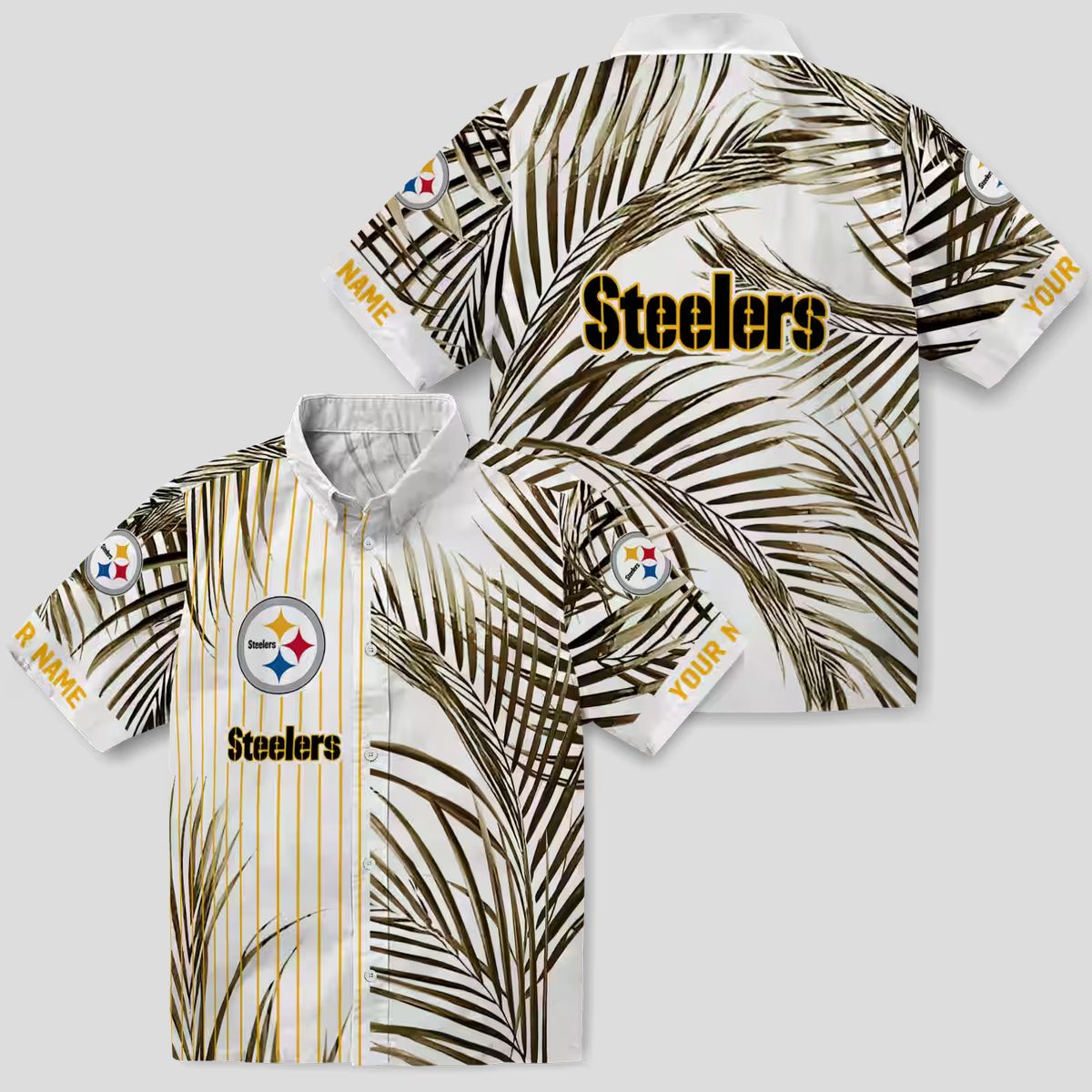 Pittsburgh Steelers Tropical Palm Stripes Shirt, NFL Black & Gold Hawaiian Beachwear