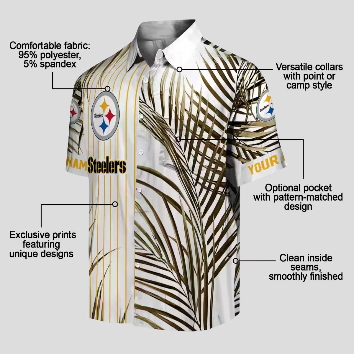 Pittsburgh Steelers Tropical Palm Stripes Shirt, NFL Black & Gold Hawaiian Beachwear