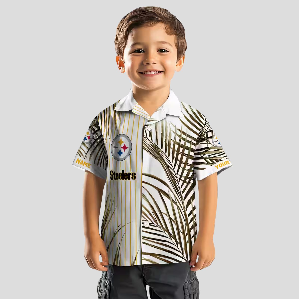 Pittsburgh Steelers Tropical Palm Stripes Shirt, NFL Black & Gold Hawaiian Beachwear