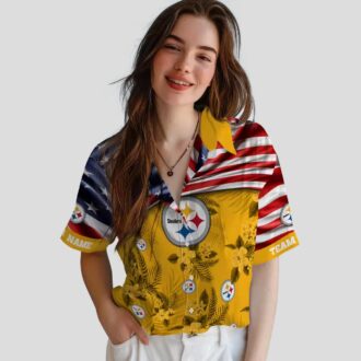 Pittsburgh Steelers US Flag Hawaiian Shirt - Hibiscus Floral Aloha Design