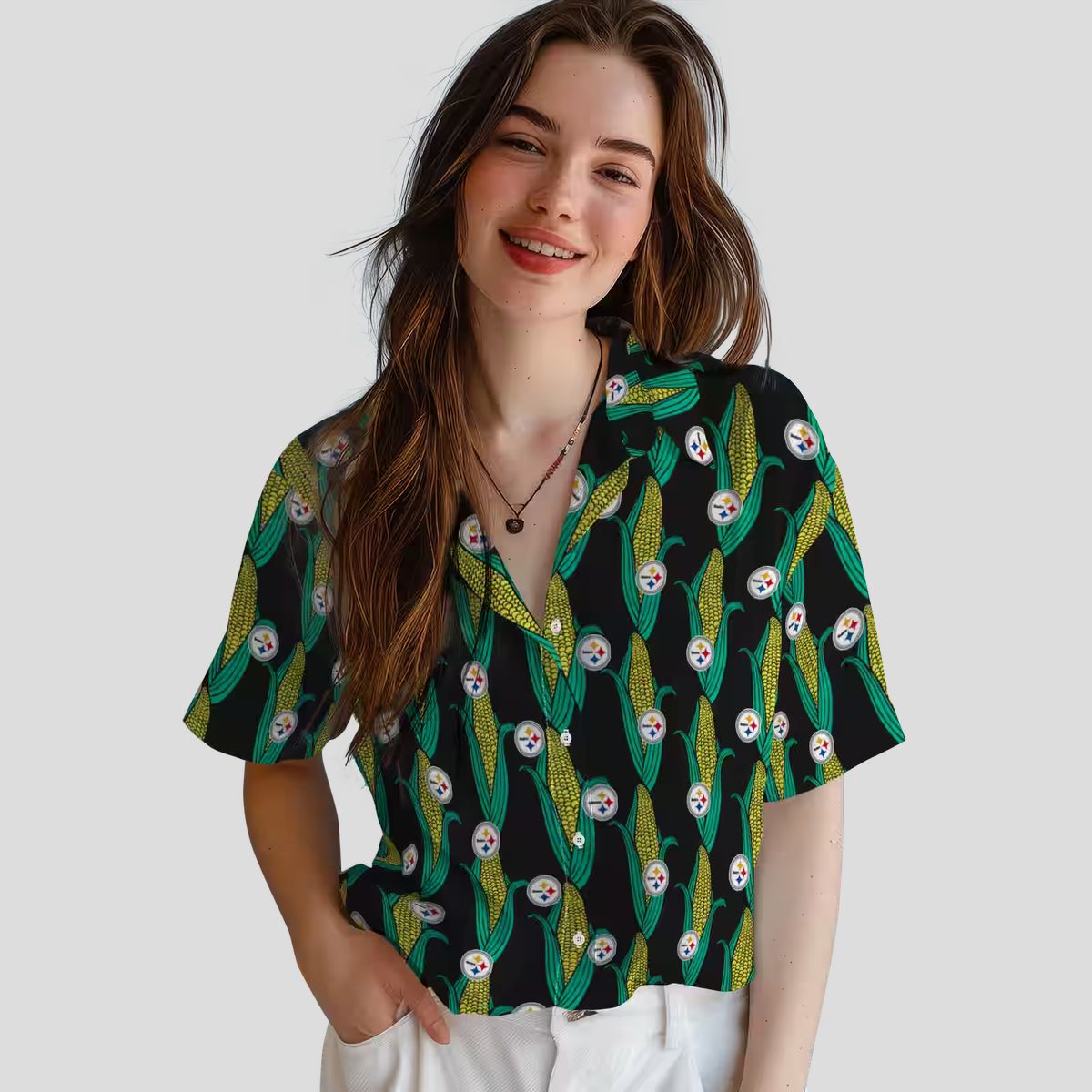 Steelers Black Green Hawaiian Shirt, Unique Corn Design Summer Tailgate Apparel