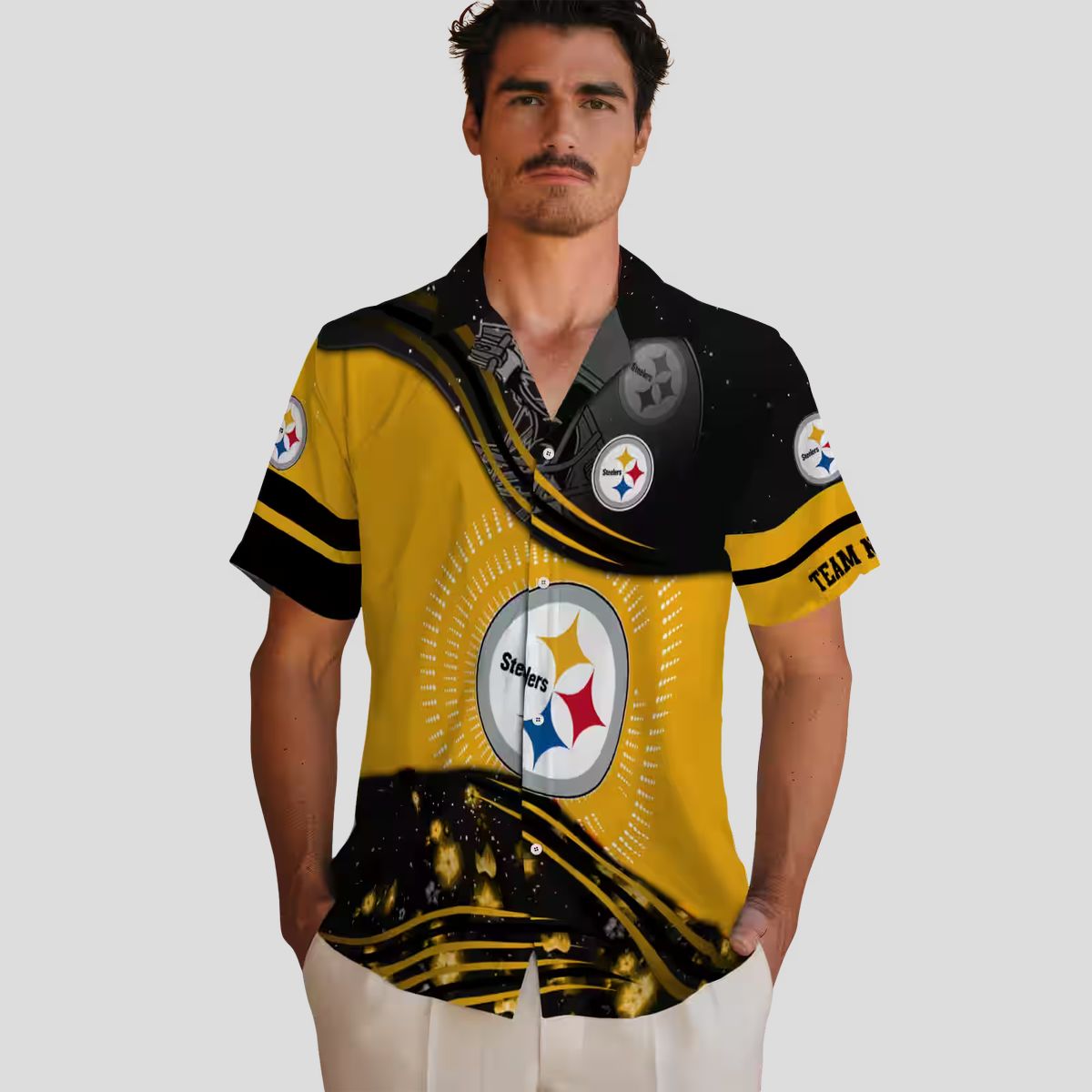 Steelers Football Tropical Hawaiian Shirt - Gold & Black Wave Pattern Style