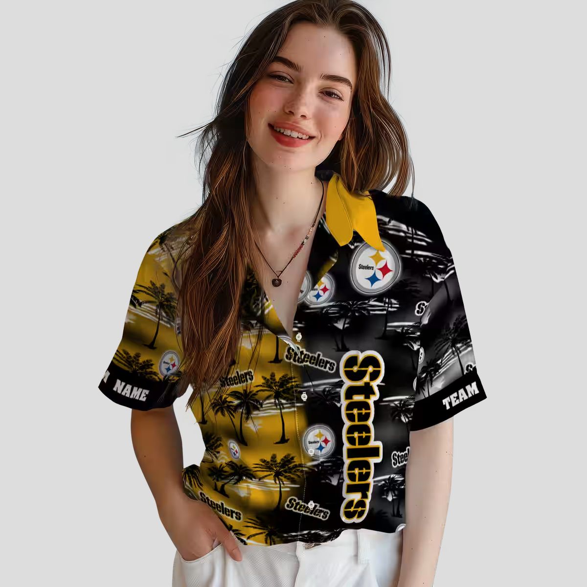 Steelers Palm Silhouettes Gold Shirt, Custom NFL Aloha Hawaiian Shirt for Fans & Beach Lovers