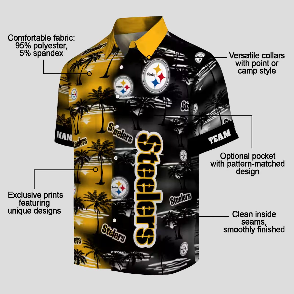 Steelers Palm Silhouettes Gold Shirt, Custom NFL Aloha Hawaiian Shirt for Fans & Beach Lovers