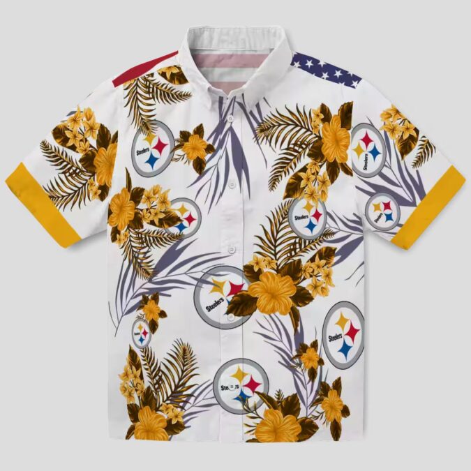 Steelers Patriotic Hibiscus Shirt, Gold White NFL Hawaiian Shirt for Beach & Vacation