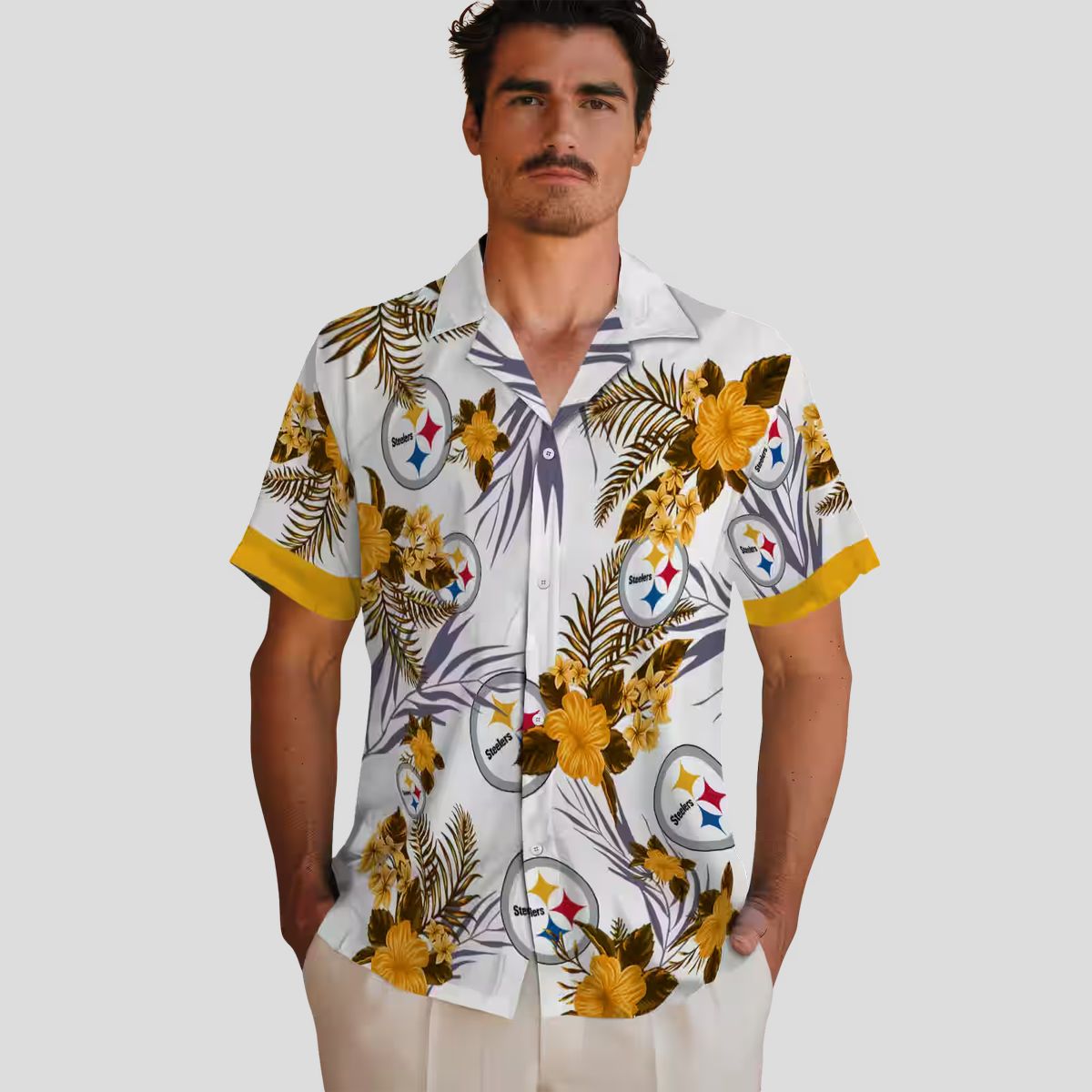 Steelers Patriotic Hibiscus Shirt, Gold White NFL Hawaiian Shirt for Beach & Vacation