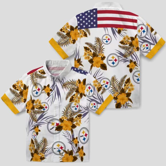 Steelers Patriotic Hibiscus Shirt, Gold White NFL Hawaiian Shirt for Beach & Vacation